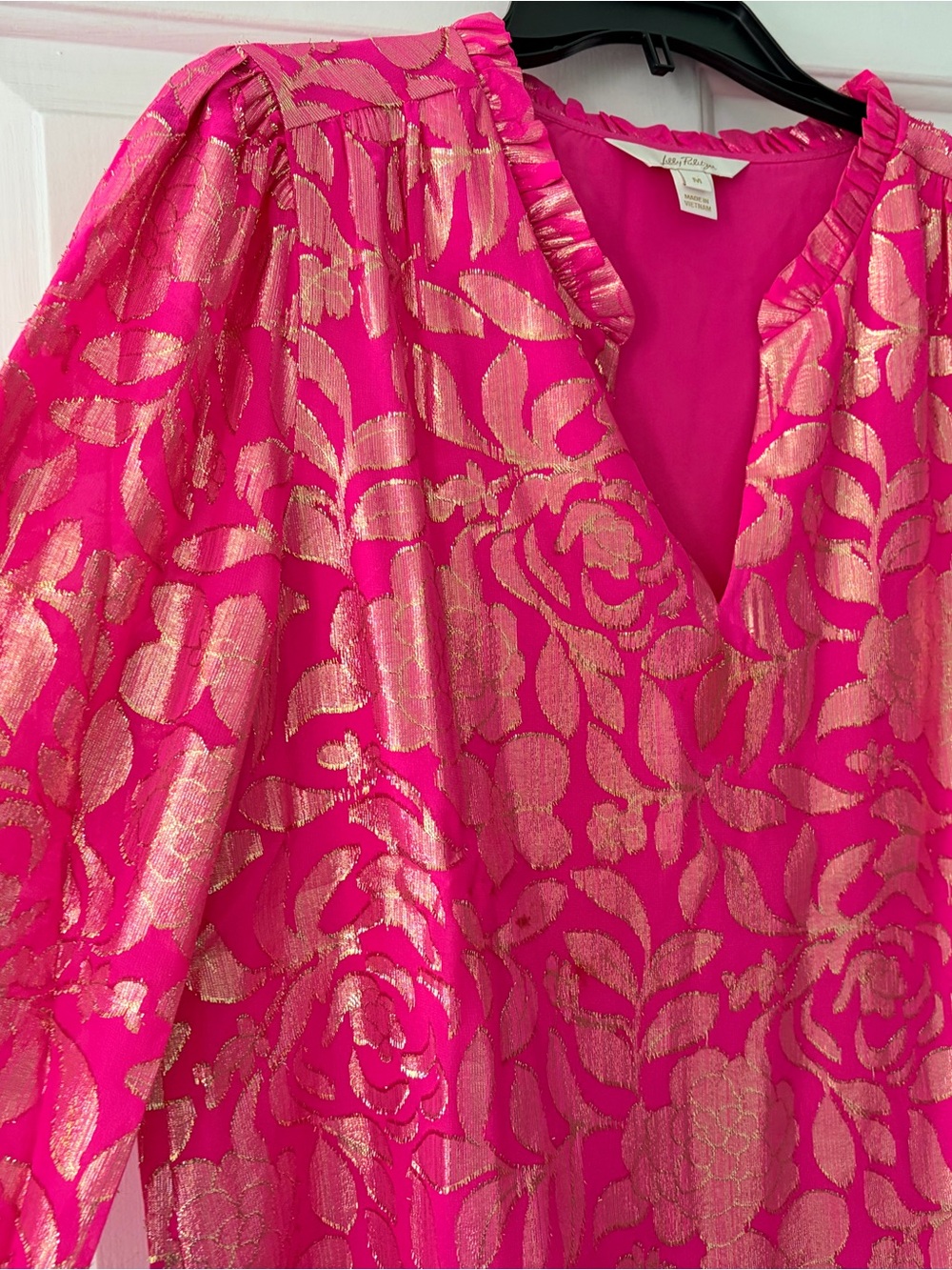 Lilly Pulitzer Hot Pink Metallic Floral V-Neck Long Sleeve Blouse - Picture 2 of 3